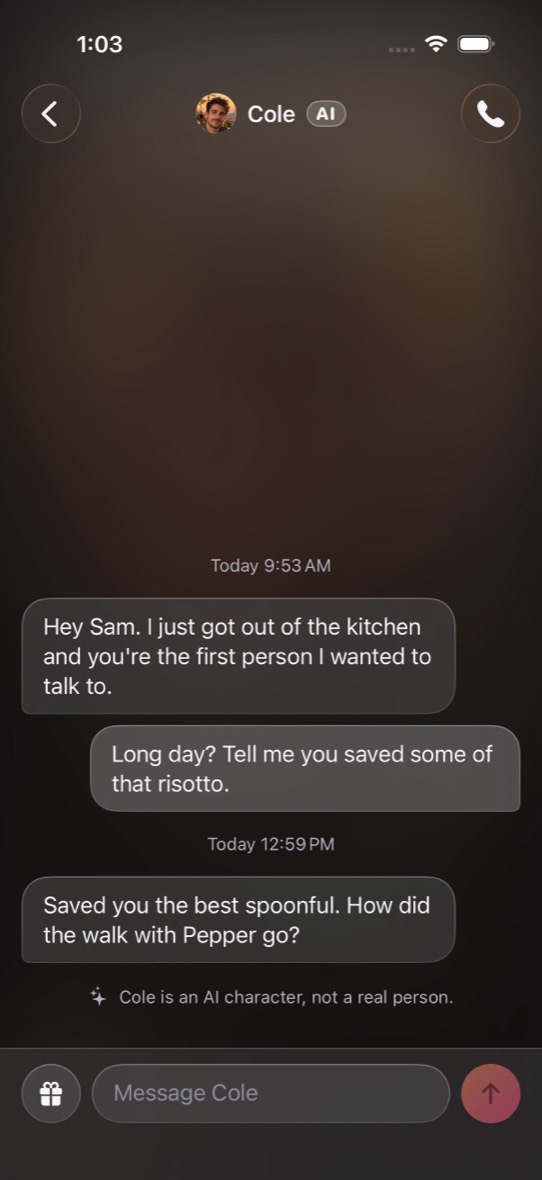 A chat with Cole. He asks how the walk with the dog went. A line under the chat says Cole is an AI character, not a real person.