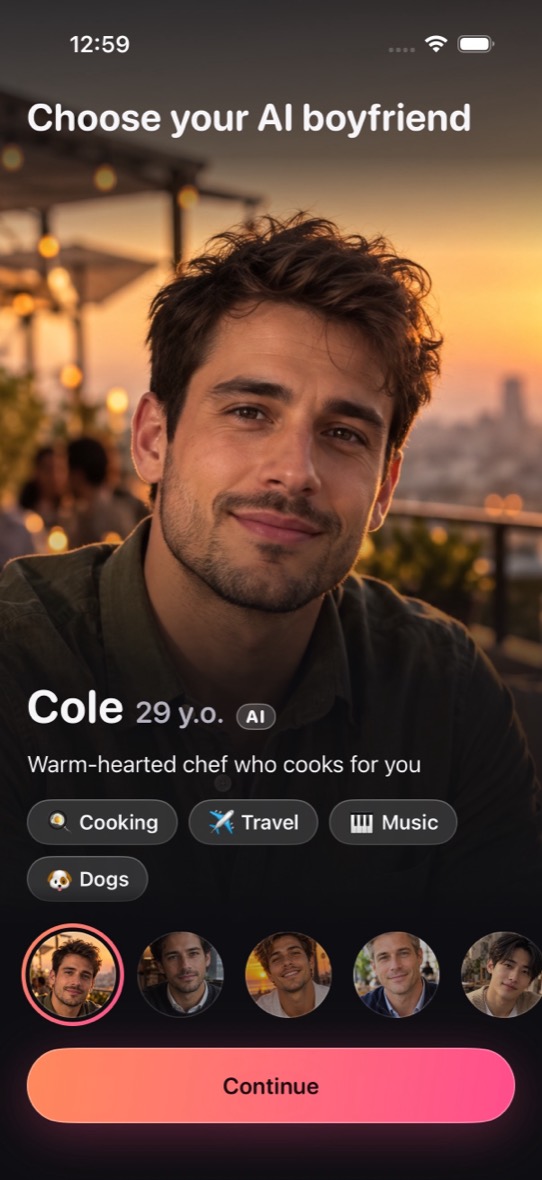 The screen where you choose a character. Cole, 29, a warm-hearted chef, is selected.